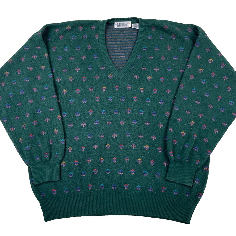Brian MacNeil Sweater Men 2XLT Green Spotted  V Neck Wool‎ Blend Made In Italy